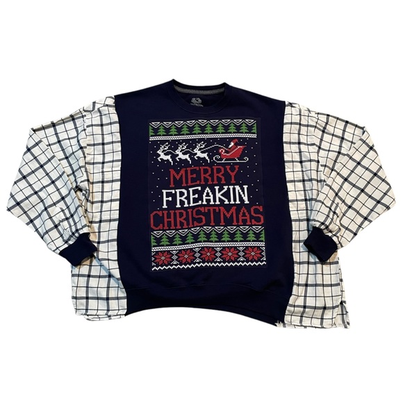 Unique One of a Kind Flannel Sleeve Holiday Christmas Sweatshirt Size L XL - Picture 1 of 6
